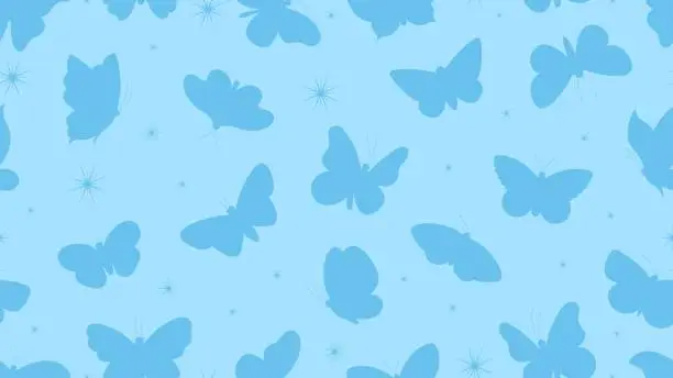 Vector illustration of Cute magic seamless pattern butterfly and stars silhouettes. Girly butterflies fabric print. Decorative vector background for nursery or wall design