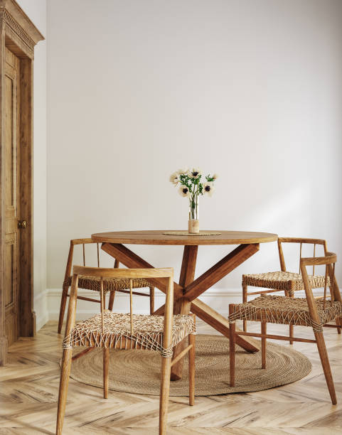 istock Scandinavian farmhouse dining room interior, wall mockup 1472265793