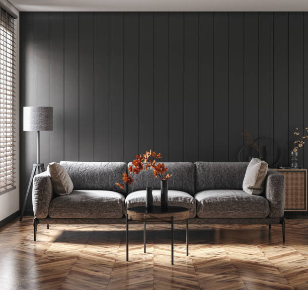 istock Modern dark home interior background, wall mock up 1472265826