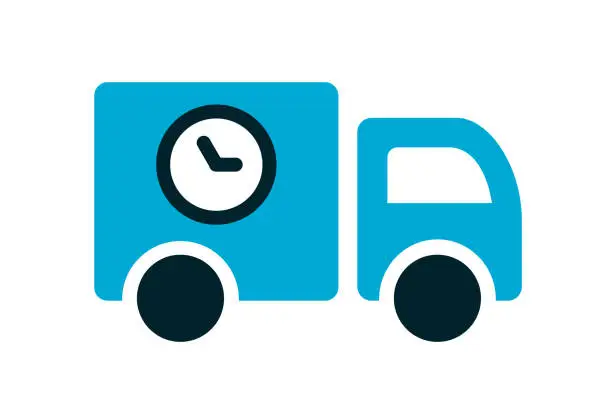 Vector illustration of Blue fast delivery truck. Small delivery van with a clock. Cargo vehicle with time symbol.