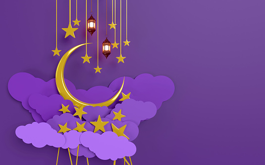 Ramadan Kareem banner with golden colored crescent made by 3d paper cut clouds and stars on purple night sky background. Ramadan concept. 3D render.