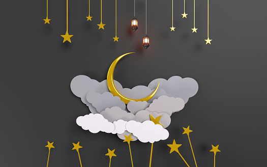 Ramadan Kareem banner with golden colored crescent made by 3d paper cut clouds and stars on night sky background. Ramadan concept. 3D render.