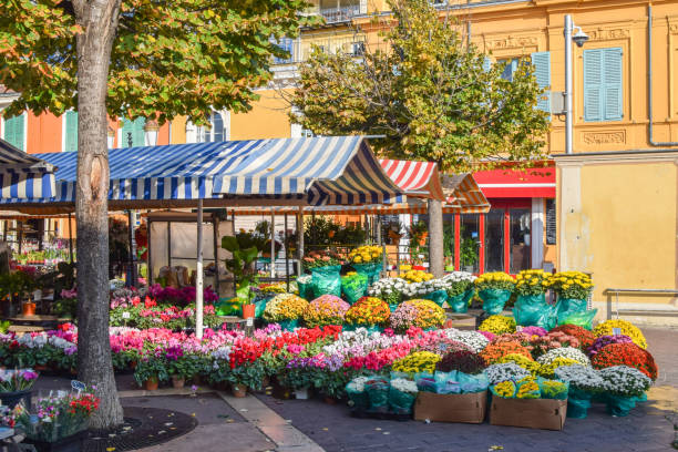 cours saleya blumenmarktstände, nizza, südfrankreich - flower market flower shop market flower stock-fotos und bilder