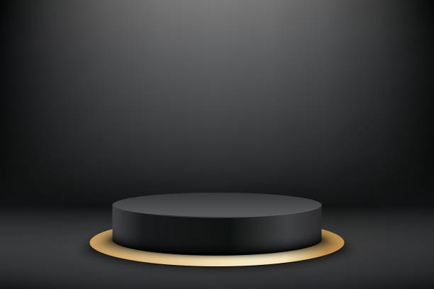 istock Abstract 3D realistic black empty round podium and golden oval ground. Minimal scene for product display presentation. Award ceremony concept 1472268267