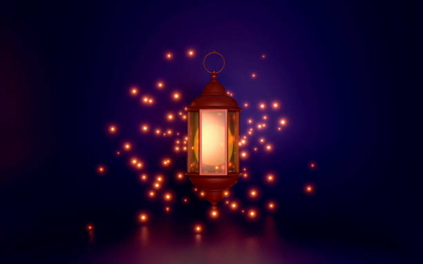 Three Dimensional Ramadan Kareem greeting card design with lanterns hanging  against blue background. Ramadan concept.