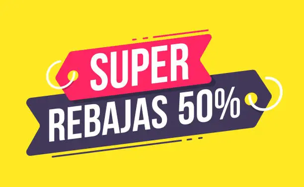 Vector illustration of Super Sale Spanish 50% Off Advertising Shopping Label