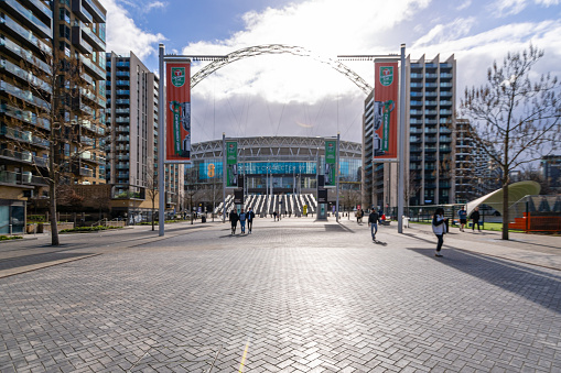 Wembley, London, england 24th March 2023: View of Wembley Stadium, from Olympic Way, home of the national England football team, in west London, UK