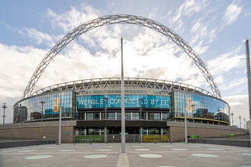 Wembley, London, england 24th March 2023: View of Wembley Stadium, from Olympic Way, home of the national England football team, in west London, UK