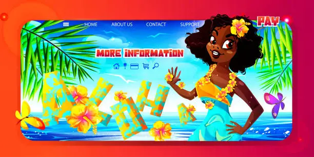 Vector illustration of Aloha Hawaii web template in cartoon style. A young hula girl in colorful clothes with hibiscus against a clear sunny tropical landscape with butterflies.