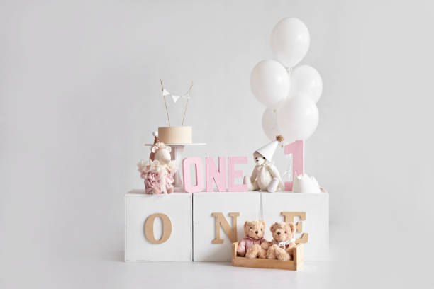 istock One year party decor. Happy birthday background 1472272538