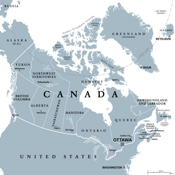 канада, административное деление, провинции и территории, серая политическая карта - alberta map canada cartography stock illustrations