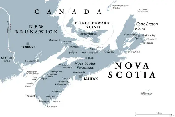 Vector illustration of Nova Scotia, Maritime and Atlantic province of Canada, gray political map