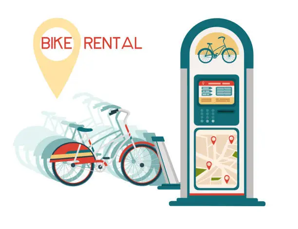 Vector illustration of Bike rental dock station with modern city electric bike vector illustration on white background