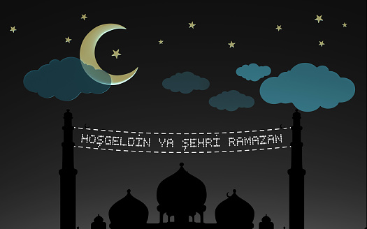 Welcome to Ramadan light work written in between two minarets of a mosque in Istanbul, Turkey. Ramadan concept. 3D render.