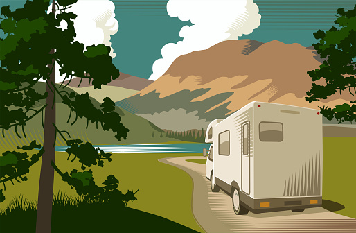 Countryside scene with Motorhome for Tourism theme. Outdoors, Tree, Forest, Vacation, Rural Scene, travel destination, leisure activity, summer