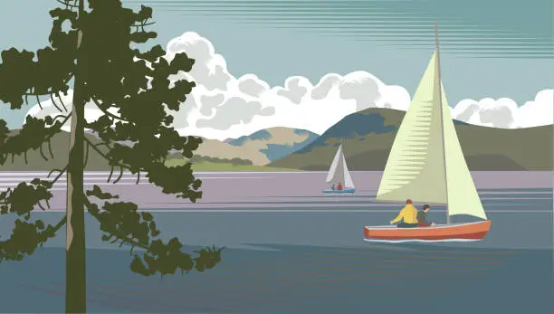 Vector illustration of Lake Scene with Sailing Boats