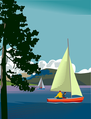 Lake Scene with Sailing Boats for Tourism theme. Outdoors, Tree, Forest, Vacation, Rural Scene