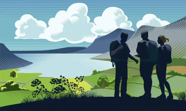 Vector illustration of Countryside scene with Hikers/Walkers