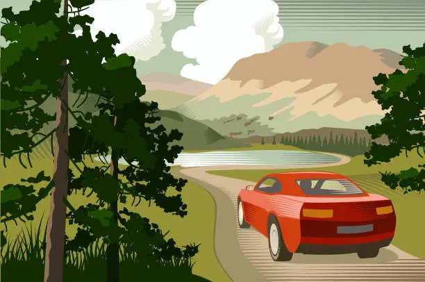 Vector illustration of Countryside scene with Car