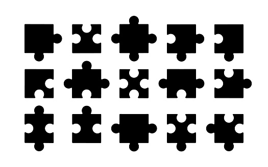 Puzzle pieces set. Jigsaw icon. Set black silhouette puzzle parts. Set vector puzzle pieces isolated on white background. Separate elements for use in presentations, demonstration of teamwork.