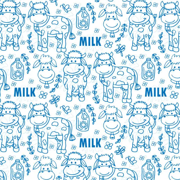 Vector illustration of Cute seamless pattern on blue background decorated with little cows milk box and splash design for world milk day.