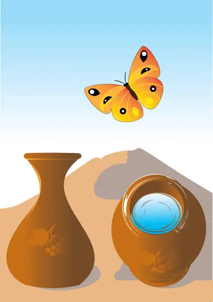 Vector illustration of Jug with water and butterfly in summer on a background sand dunes.