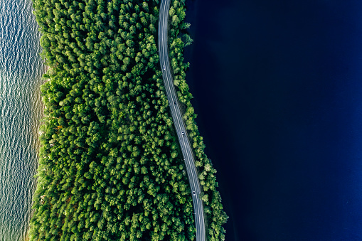 Aerial view of road in green woods and blue lakes water in summer Finland