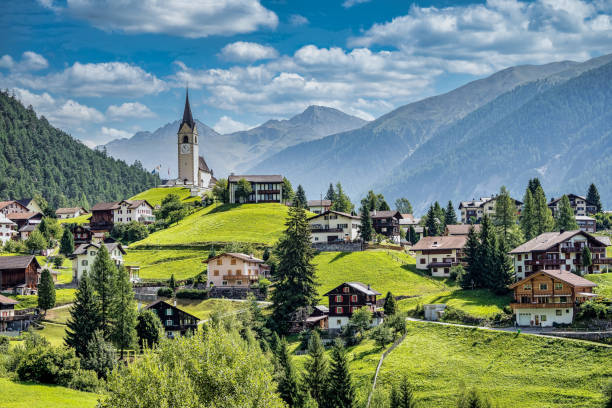 Beautiful Schmitten village at Albula pass in Grisons, Graubuenden, Switzerland stock photo