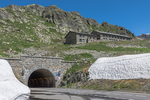 Road tunnel at the top of the Susten mountain pass at 2,224 meters above sea level. The mountain pass connects the cantons of Bern and Uri.