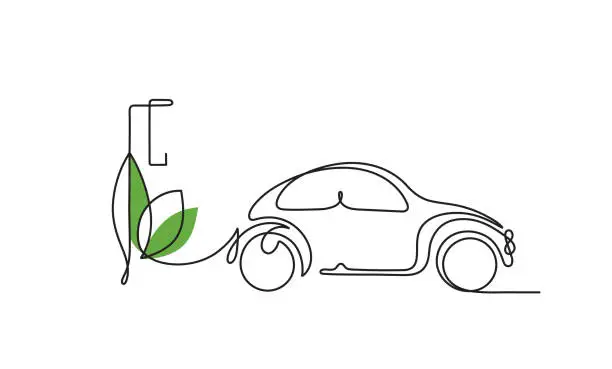 Vector illustration of Concept of green energy.  Continuous line drawing of electric charging station
