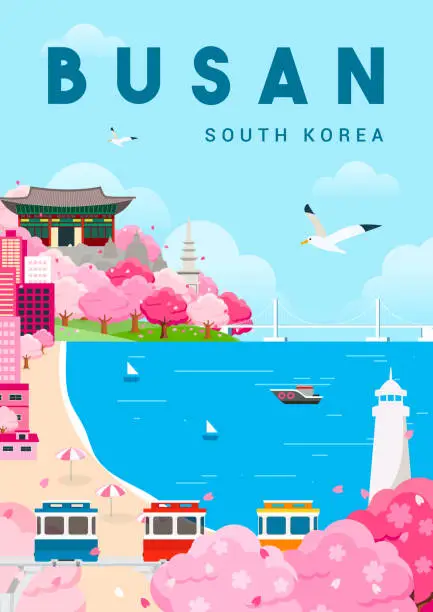 Vector illustration of Busan South Korea Poster vector illustration. Beautiful Busan in spring landscape. Cherry Blossom festival