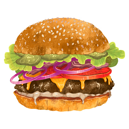 Drawing of a delicious burger with bacon cutlet cheese cheeseburger onion tomatoes greens sauce sesame bun