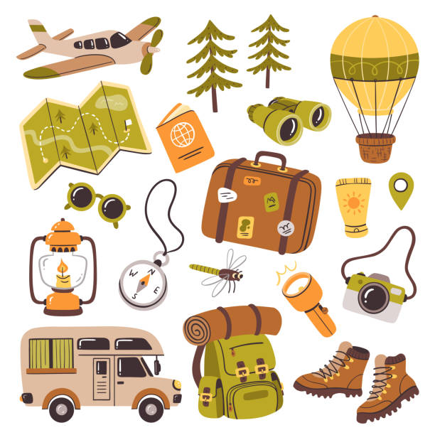 коллекция концептуальных картинок wanderlust - mobile home camping isolated vehicle trailer stock illustrations