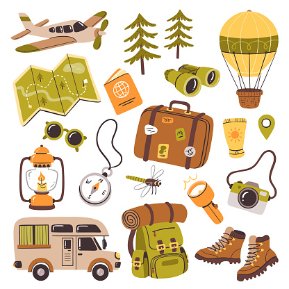 Explore and travel clipart collection. Wanderlust and outdoor activities concept. Cute collection of clip arts isolated on white background. Vector illustration.