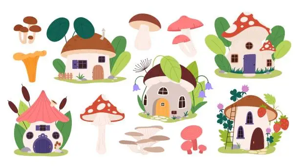 Vector illustration of Fairytale mushroom houses, forest fairy home in plants and berries. Mushrooms isolated, cute magic dwarf buildings. Racy magic vector cartoon clipart