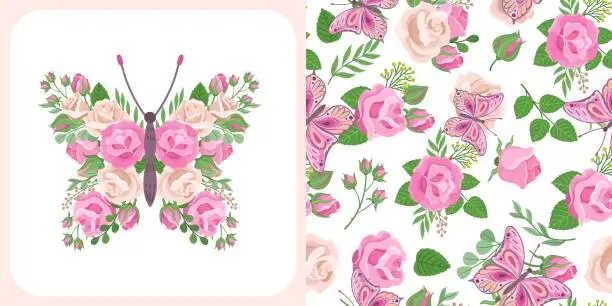 Vector illustration of Romantic flower butterfly, pink beige roses and green branches and leaves. Vintage seamless pattern, girly fabric print with butterflies and rose, vector graphic design