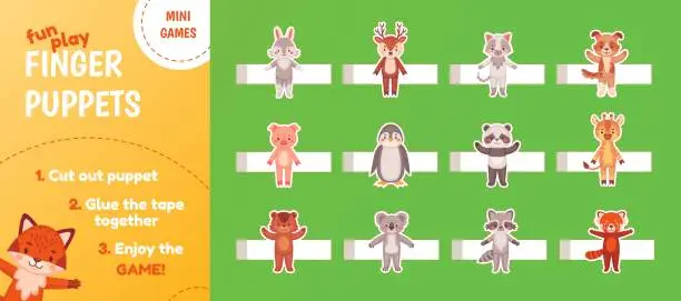 Vector illustration of Handmade finger puppets. Child craft cutouts paper puppet toys, kindergarten or preschool education worksheet for activity children, kid zoo animal dolls theatre vector illustration