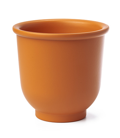 Empty ceramic brown flower pot isolated on white background, close up