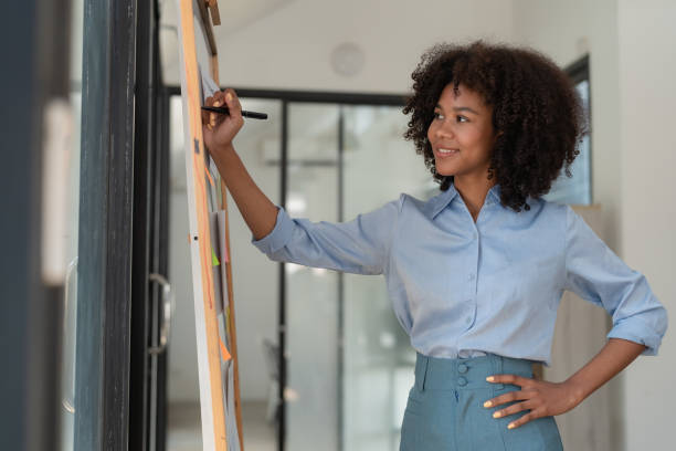 istock Young creative ethnic businesswoman working on a sticky note on board, planning and analyzing business finance and marketing at the office. 1472285670