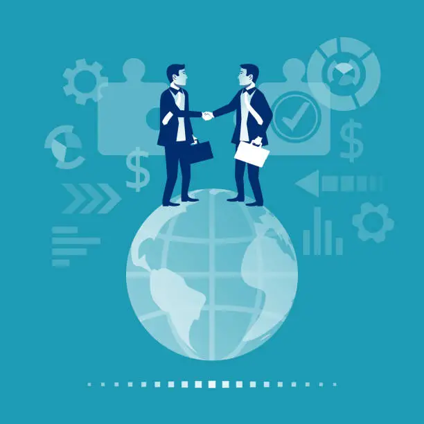 Vector illustration of Global partnership. Two businessmen standing on the planet shake hands.