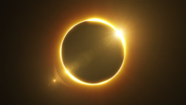Total Solar Eclipse Looped 3d Animation. Glowing Bright Eclipse with Gold Light Rays Seamless. Moon Covers the Sun. Science Concept