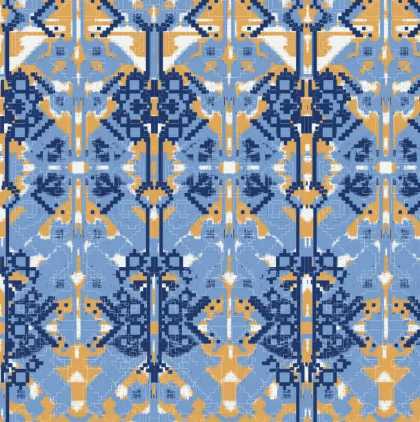 Vector illustration of Boho Fabric Vector Seamless Pattern. Blue,navy blue and yellow Elegant Ethnic Traditional Background