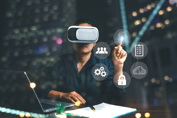 istock Businesswoman wearing VR glasses and accessing the Cloud Computing Technology Internet Storage Network Concept And a large database big data Through internet technology. Metaverse technology idea. 1472290960