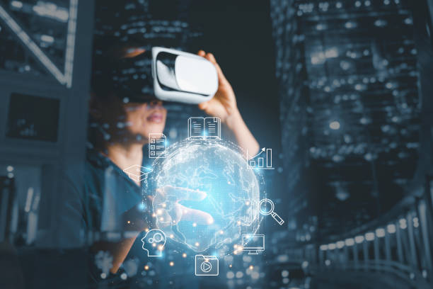 woman wearing VR glasses and accessing Cloud Computing Technology Internet Storage Network Concept And a large database big data Through internet technology. Metaverse E-learning, online study idea. mujer con gafas vr y accediendo a la tecnología de computación en la nube concepto de red de almacenamiento de internet y una gran base de datos de big data a través de la tecnología de internet. metaverse e-learning, idea de estudio en línea.