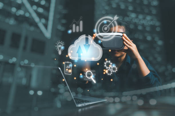 istock Businesswoman wearing VR glasses and accessing the Cloud Computing Technology Internet Storage Network Concept And a large database big data Through internet technology. Metaverse technology idea. 1472291563