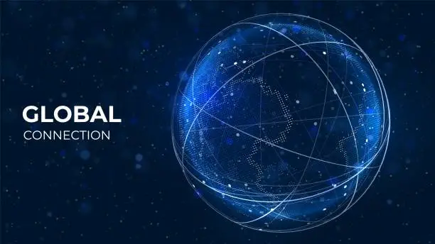 Vector illustration of Globe network illustration. Technology digital 3d globe. Digital earth map background. Connection data concept.