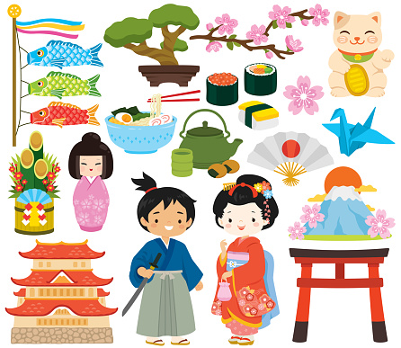 Japan clipart set. Japanese icons, people, food and traditional items.