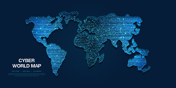 World map on a dark background. Global Digital technologies and communications