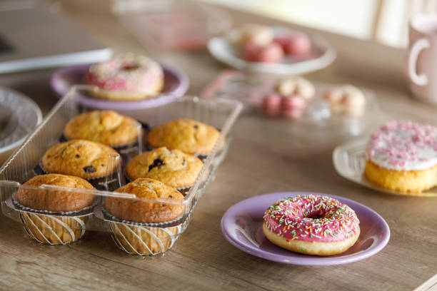 Close up shot of a spread of various delicious desserts on a table to be arranged for a fun party. Part of a series.