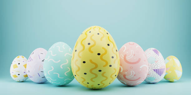 istock Easter colorful decorated eggs stand in a row on blue background. Minimal easter concept. Happy Easter card with copy space for text. 3d rendering. 1472292789
